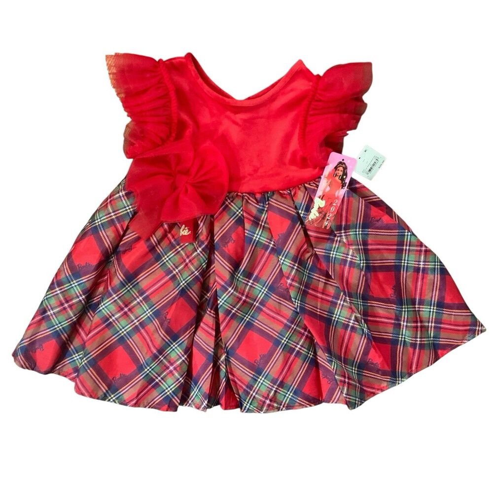 Barbie Girl’s Red Plaid Holiday Party Dress 3T Tulle Bow Cap Sleeves NWT